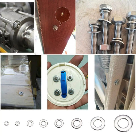 Heavy Duty Stainless Steel Spring Washer Assortment Kit With 360 Rust Resistant Flat Washers and Slick Galvanized Finish shown in various applications.