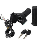 Upgrade Your Ride With This Smart LED Display Throttle Grip Pair Designed For 24-60V Ebike Systems Featuring Secure Lock-On Aluminum Clamps And Real-Time Battery Voltage Monitoring For A Safer And Smoother Electric Bike Journey No More Guessing What. black ebike throttle grip pair with keys and wiring