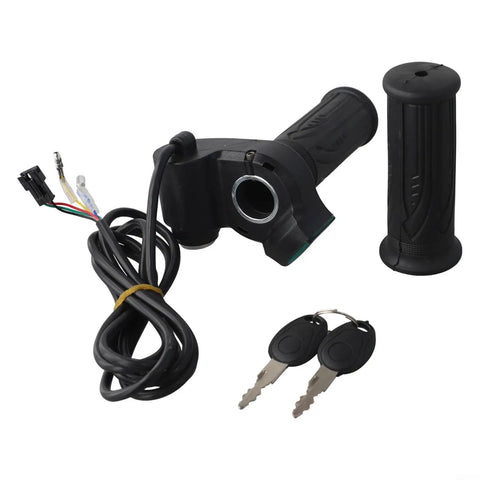 Upgrade Your Ride With This Smart LED Display Throttle Grip Pair Designed For 24-60V Ebike Systems Featuring Secure Lock-On Aluminum Clamps And Real-Time Battery Voltage Monitoring For A Safer And Smoother Electric Bike Journey No More Guessing What. black ebike throttle grip pair with keys and wiring