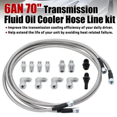 Universal 6AN 70 Inch Stainless Steel Braided PTFE Transmission Fluid Oil Cooler Hose Kit With AN6 Fittings For TH350 TH400 4L60E