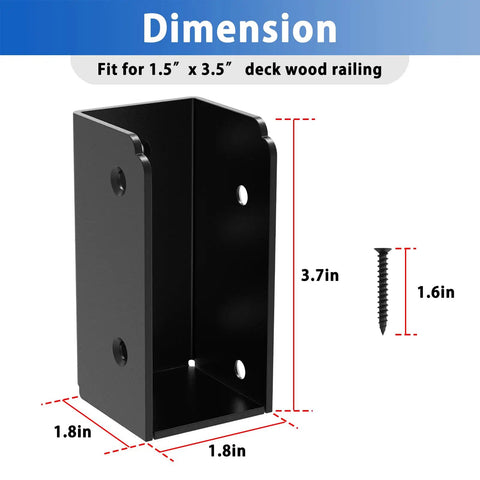 3.7 inch black stainless steel deck railing bracket and screw dimensions, fits 1.5x3.5 inch lumber for fence and stair rails.
