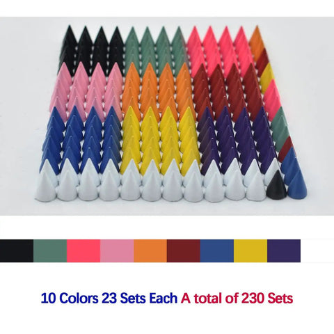 Badass Colorful Cone Spikes and Punk Metal Screwback Rivets Bullet Studs for Leather Craft DIY Kit 230 Pieces 7X10MM in various colors.
