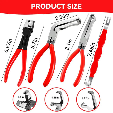 4-Piece Auto Electrical Disconnect Pliers Set With Storage Box For Safe Push Tab Connectors showing individual plier sizes in inches