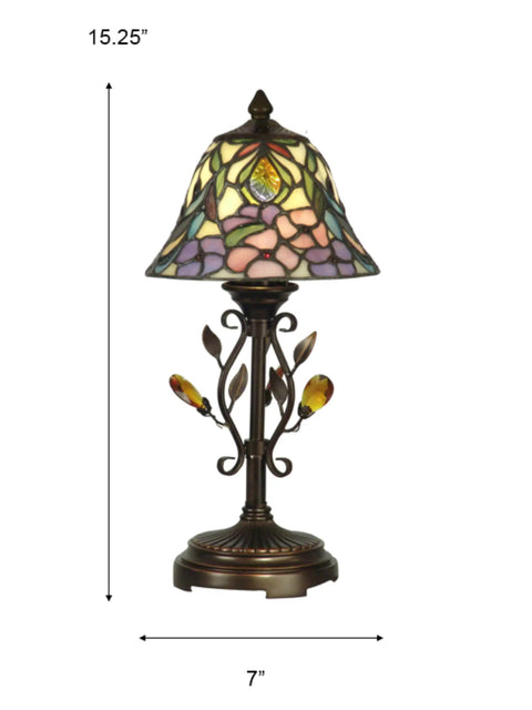 Crystal Peony Accent Lamp With Antique Golden Sand Art Glass Shade, Classic Retro Vibe Leaded Glass Style Decor Light.