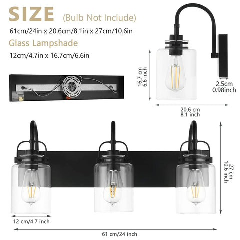 Three Light Matte Black Vanity Light Fixture With Clear Glass Shades, Dope Modern Wall Sconce Lighting For Bathroom Mirror, Cabinet, Kitchen, Hallway Or Stairs, Sleek Vintage Vibe
