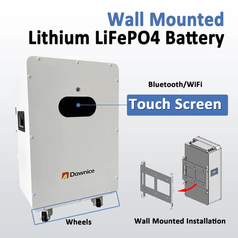 Wall Mounted Lithium LiFePO4 Battery with touch screen and wheels for Heavy Hitter 5Kw Solar System Complete Kit.