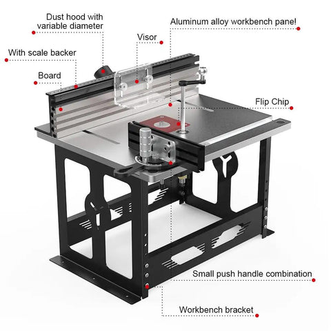 Detailed view of Knockout Portable Bench Top Router Table For Real Workshops With Heavy Duty Insert Plate And Super Smooth Sliding Fence Made For Weekend Warriors In Black Imperial, featuring an aluminum alloy workbench panel.