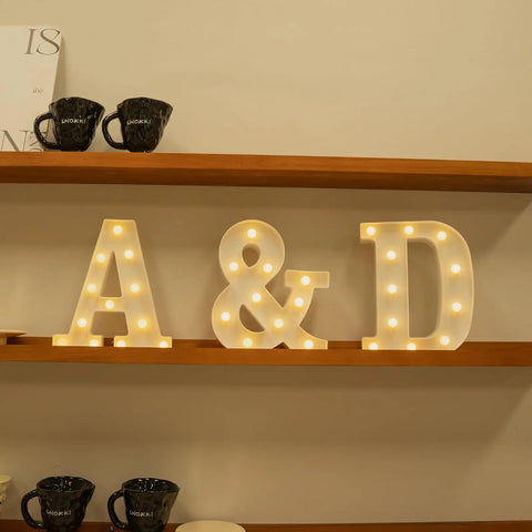 Must Have Light Up Letters Marquee Signs For Wedding Party And Home Decor on shelf with warm white LED lights A & D