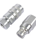 Two silver GELUOXI 1/4 in NPT hydraulic quick-connect couplers with knurled grips and dust caps