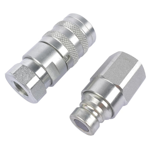 Two silver GELUOXI 1/4 in NPT hydraulic quick-connect couplers with knurled grips and dust caps