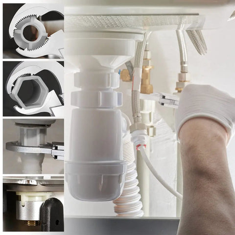 Person using Universal Adjustable Double End Wrench For Faucets And Plumbing All In One Basin Nut Tool under a sink.