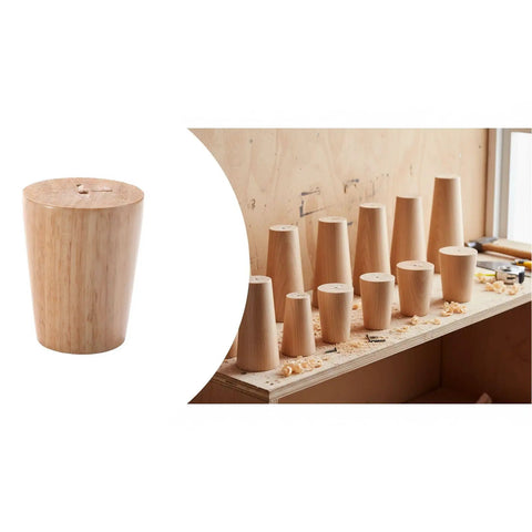 Solid As A Rock Adjustable Furniture Levelers For Couches Tables And Chairs Made From Rich Oak Wood with various shapes on a workbench.