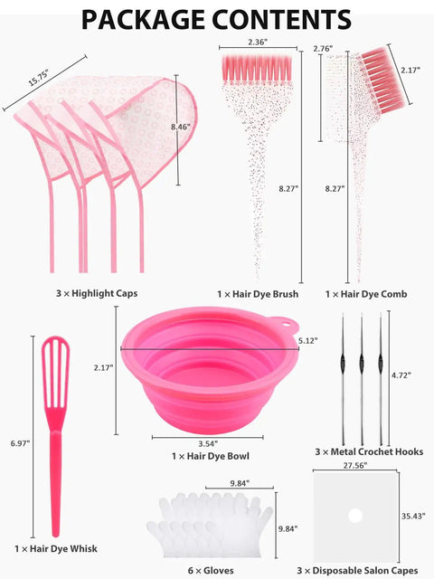 DIY At Home Hair Highlight Kit With Bleach Cap Set 19 Tools including brushes, bowl, caps, gloves, hooks, and capes