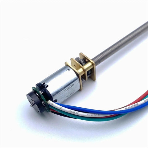 Dope N20 DC Gear Motor With Thred Screw Shaft 3V 6V 12V DIY Model For Robots And Automation Projects That Rock Stable Operation High Energy Efficiency Magnetic Sensor 7ppr Encoder Built Tough, close-up angle showing threaded shaft and wires.