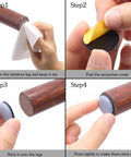 Steps to apply 8 Pack Furniture Glide Pads For Chairs And Tables Non Skid PTFE Rubber Protectors on a wooden leg.