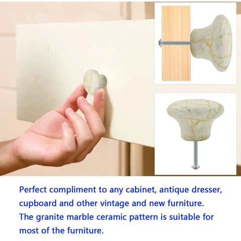 10 Pack Handcrafted Ceramic Cabinet Knobs Featuring Gorgeous Granite Marble Finish, shown in use on cupboard door.