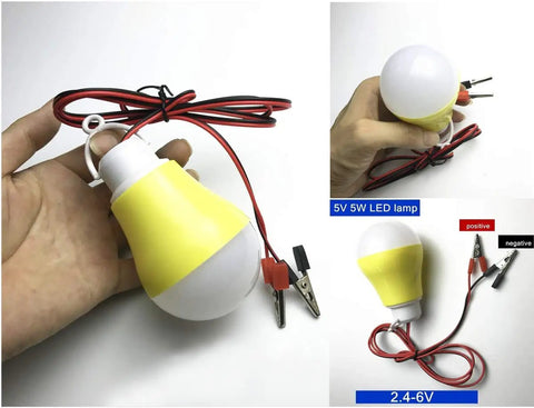 5V 5W yellow and white LED bulb with wires and clamps, demonstration of DIY Wind Turbine Kit For Teaching And Science Projects, Hands-On Tiny DC Motor Generator, Micro Wind Turbine With Fan Blades And LED Light, Power Generation Demo For Classrooms And Makerspaces.