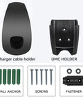 Slick Wall Mount Charging Cable Organizer For Tesla With Beefy Chassis Bracket And Tight Grip Power Cord Holder For Model 3 Model Y Model S Model X Garage Setup Matte Black components including cable holder and screws.