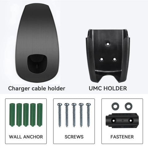 Slick Wall Mount Charging Cable Organizer For Tesla With Beefy Chassis Bracket And Tight Grip Power Cord Holder For Model 3 Model Y Model S Model X Garage Setup Matte Black components including cable holder and screws.