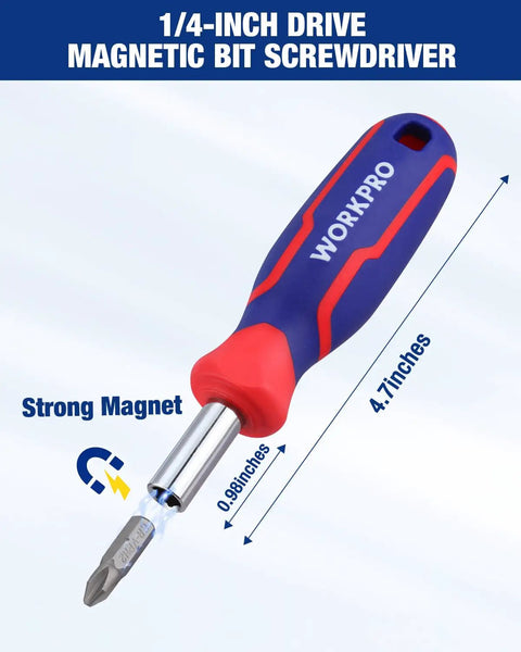 Side view of a 1/4-inch drive magnetic bit screwdriver featuring a strong magnet, textured grip handle, and bit measurement 0.98 x 4.7 inches.