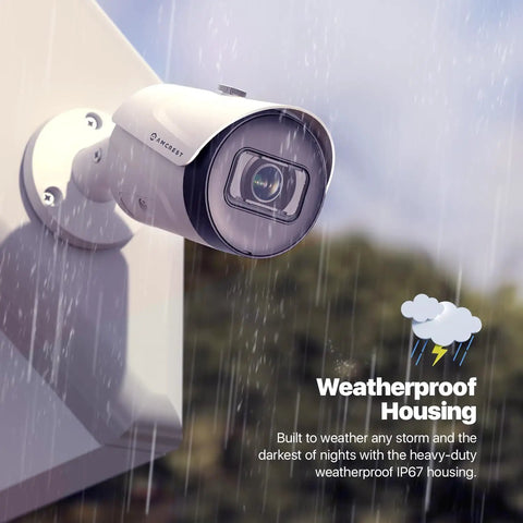 4K Ultra HD Outdoor Bullet Security Camera IP PoE 8MP in rain, showcasing IP67 weatherproof housing