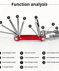 11-In-1 Bicycle Repair Kit For Mountain Bikes with labeled tools including wrench, screwdrivers, and chain tool on white background.