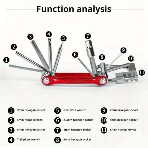 11-In-1 Bicycle Repair Kit For Mountain Bikes with labeled tools including wrench, screwdrivers, and chain tool on white background.