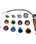 Hassle Free Cooling System Pressure Testing Kit With Extra Tough Hand Pump And Twelve Adapters For Every Domestic Rig displayed with gauge and colored adapters.