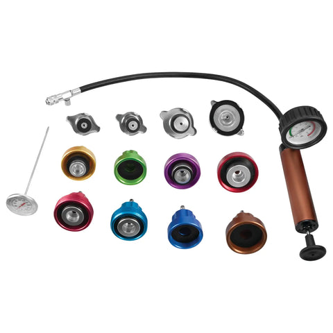 Hassle Free Cooling System Pressure Testing Kit With Extra Tough Hand Pump And Twelve Adapters For Every Domestic Rig displayed with gauge and colored adapters.