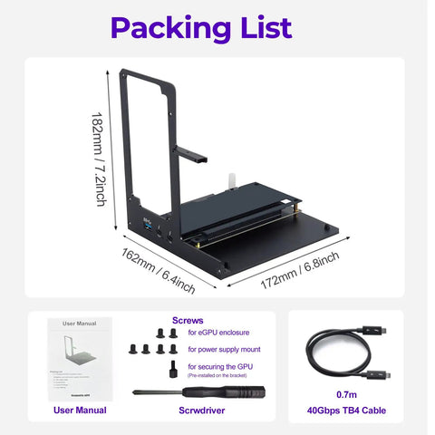 Packing list for external eGPU dock with dimensions, screws, user manual, screwdriver, and TB4 cable for gamers and creators.
