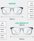 Rectangle Safety Glasses Z87.1 Certified with Lightweight Poly Lenses for Narrow Faces, Low Bridge Fit, Medium and Wider Fit sizing guide