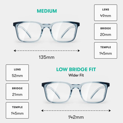 Rectangle Safety Glasses Z87.1 Certified with Lightweight Poly Lenses for Narrow Faces, Low Bridge Fit, Medium and Wider Fit sizing guide