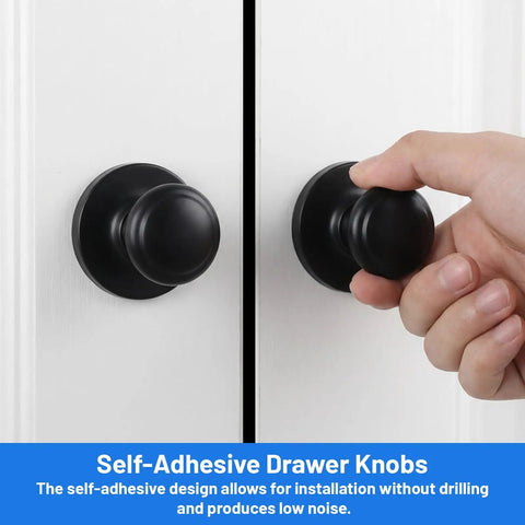 Hand using 6 Pack Black Self Adhesive Cabinet Knobs No Drill Stick On Hardware Handles For Kitchen Cabinets Drawers Refrigerators