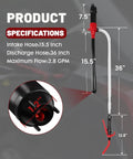 Plug And Play Electric Fuel Transfer Pump With Usb C And Heavy Duty Batteries specifications image showing intake and discharge hose measurements.