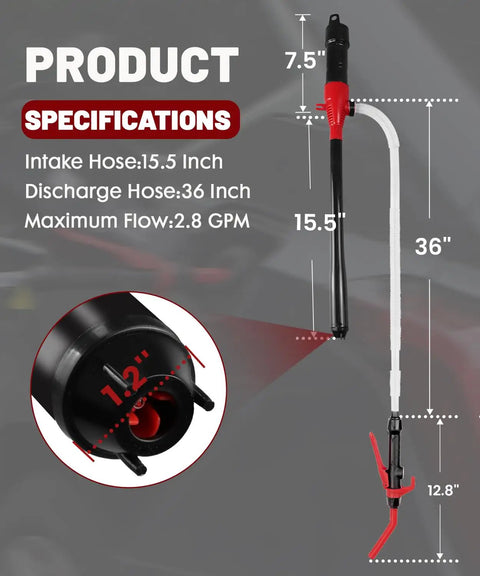 Plug And Play Electric Fuel Transfer Pump With Usb C And Heavy Duty Batteries specifications image showing intake and discharge hose measurements.