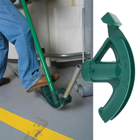 Lwuey Steel Pipe Bender Port Aluminum Cast Tube Bending Tool in use, bending 19mm aluminum conduit with a green handle.