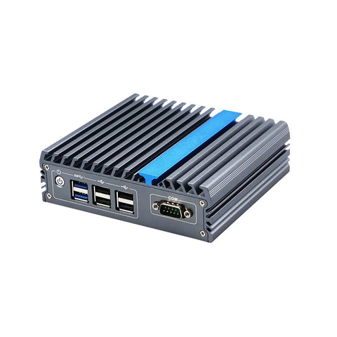 Built Like A Tank Fanless Industrial PC Featuring Intel Celeron J3710 Or J3160 with USB and serial ports, gray metallic casing.