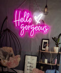 Neon Sign Wall Art Light for Bedroom Bar Pub Club Rave Decor 60x37cm, pink 'Hello Gorgeous' text, home mood lighting LED sign.