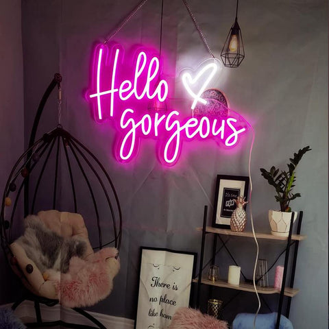 Neon Sign Wall Art Light for Bedroom Bar Pub Club Rave Decor 60x37cm, pink 'Hello Gorgeous' text, home mood lighting LED sign.