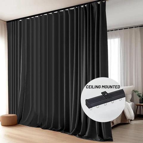 Heavy Duty Wall And Ceiling Mount Sliding Barn Door Track System Glides Like Butter For Bedroom Room Divider Setup Durable Aluminum Alloy Top Shelf Hardware Included, black curtains with ceiling mount hardware.