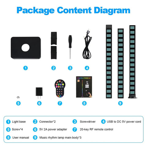 Package contents of Lit RGBICWW Floor Lamp With App And Voice Control, including base, connectors, remote, power adapter.