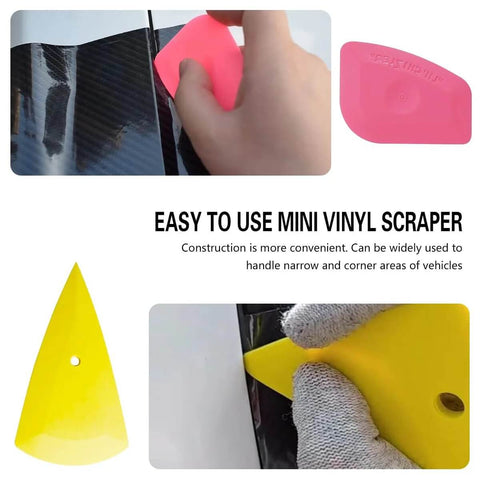 Amazon Mandark 18-piece car window tint kit collage with pink squeegee on glass, yellow cone tool, and cutting blades