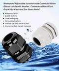Black and white cable glands with gaskets over blue background, showing waterproof design for electrical boxes
