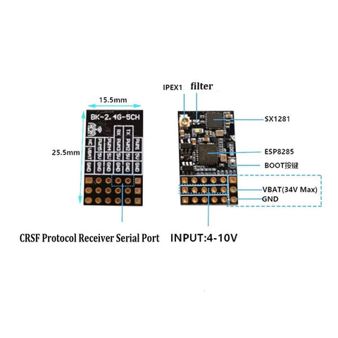 Diagram of 5 Channel PWM Receiver For ELRS 2.4G With Copper Antenna, highlighting components and measurements.