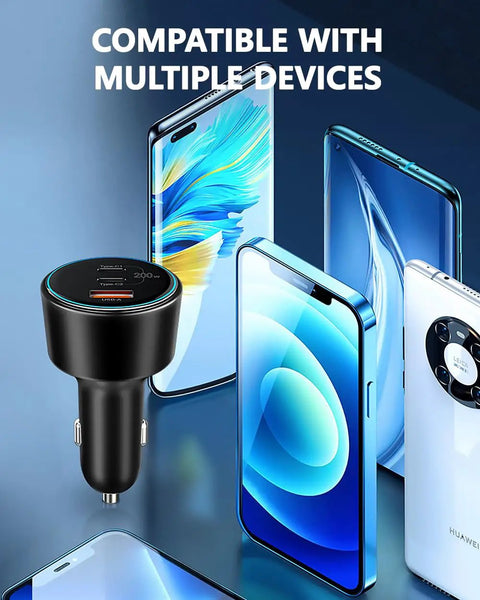Top Shelf 200W Usb C Car Charger Featuring Dual 100W PD Ports For Super Fast Laptop And Phone Charging Includes Two Heavy Duty Usb C Cables For Your Daily Grind in a setup with multiple smartphones.