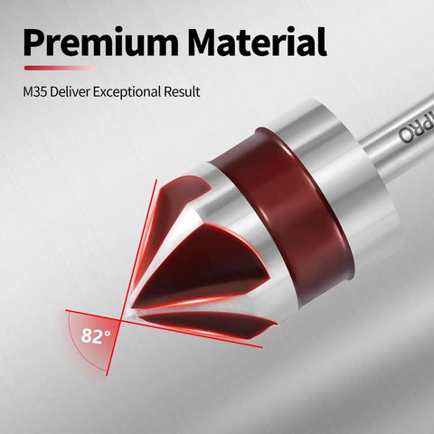 Close-up of Five Piece Cobalt 5 Flute Countersink Drill Bit Set Heavy Duty M35 82 Degree Chamfer Tool Set for metal.