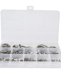 Stainless Steel Retaining Ring Kit 400 Pcs Assortment 1.5mm To 15mm For Bearings Gears Pulleys Axles Transmission Shafts Great For DIY Home And Auto Repairs in a clear organizer