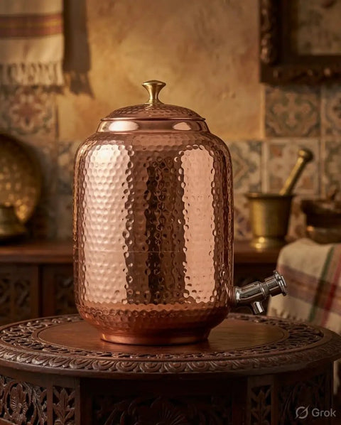 Pure Copper Water Dispenser Pot Hand Hammered 4 Liter For Home Kitchen Ayurvedic Drinking Water Vessel With Artisan Finish