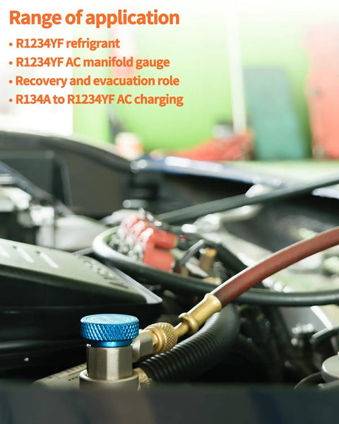 R134A to R1234YF Quick Coupler Adapter Kit for AC Charging connected to vehicle engine