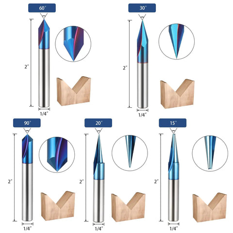 All In One 5 Piece CNC Wood Carving Router Bits Set with 1/4 Inch Shank showing 15, 20, 30, 60, 90 degree bits with nano blue coating.
